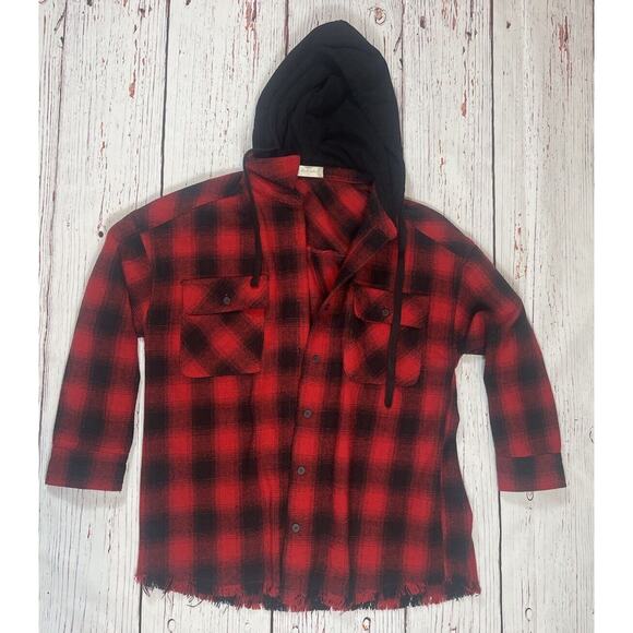 Altar’d State Shacket Womens Small Plaid Hoody Flannel Red Black Tailgate - Picture 1 of 15